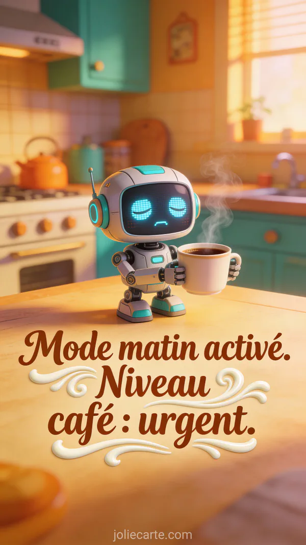 Carte bonne matinée avec petit robot mignon tenant une tasse de café
