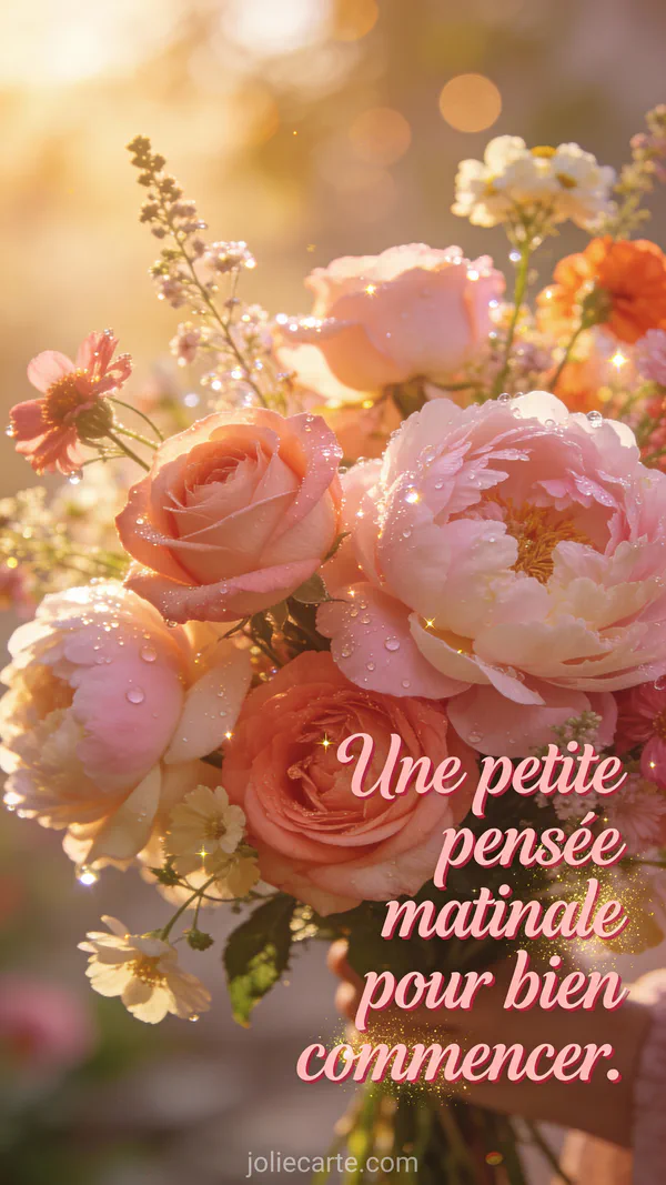 Carte bonne matinée avec bouquet de roses et pivoines couvert de rosée