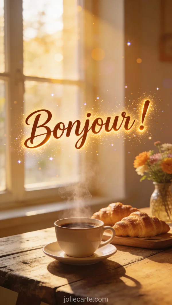 Carte bonjour café avec tasse fumante sur table en bois, croissants et fleurs, lumière dorée du matin