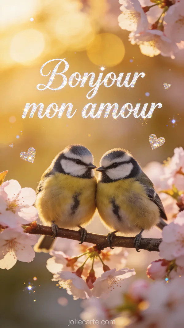 Carte bonjour mon amour avec deux mésanges sur une branche de cerisier en fleurs au lever du soleil