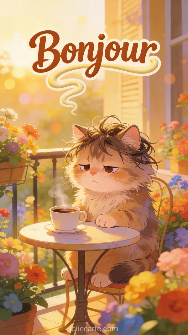 Carte bonjour avec chat ébouriffé devant sa tasse de café sur terrasse fleurie