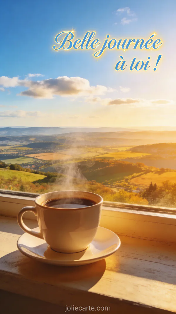 Carte belle journée avec café devant paysage panoramique et ciel bleu et texte Belle journée à toi