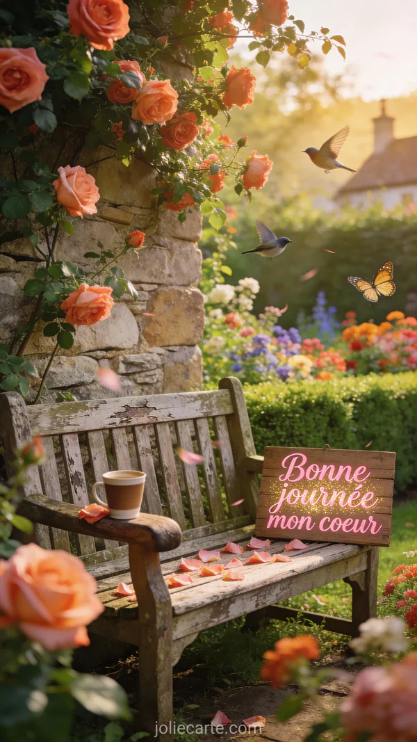 Carte bonne journée romantique avec café dans jardin anglais fleuri et texte Bonne journée mon coeur