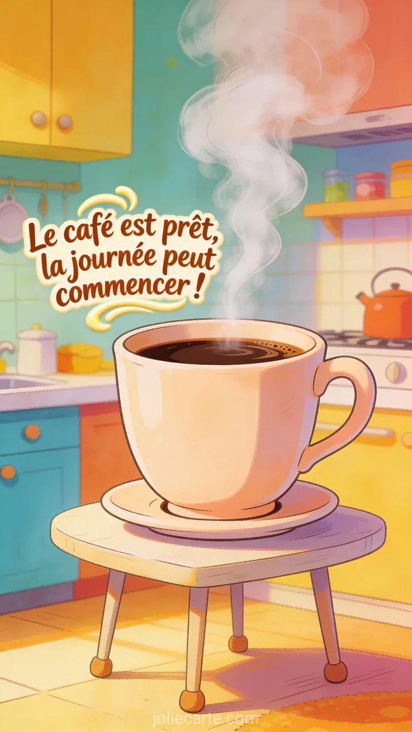 Carte humoristique avec tasse de café géante et texte Le café est prêt la journée peut commencer