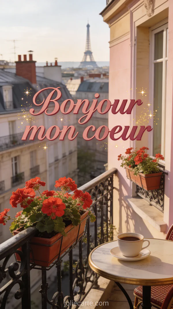 Carte bonjour romantique avec café sur balcon parisien vue Tour Eiffel et texte Bonjour mon coeur