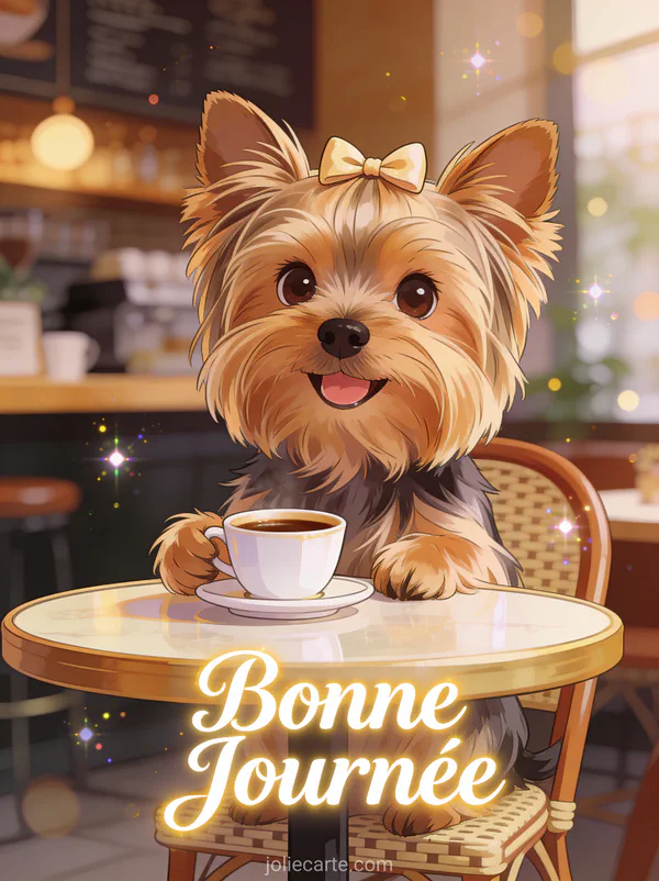 Yorkshire Terrier joyeux avec noeud à une table de café avec petite tasse