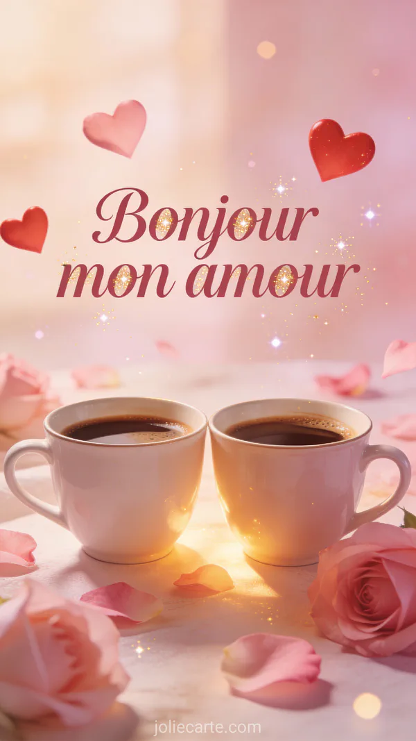 Carte bonjour romantique avec café et cœurs roses et texte Bonjour mon amour