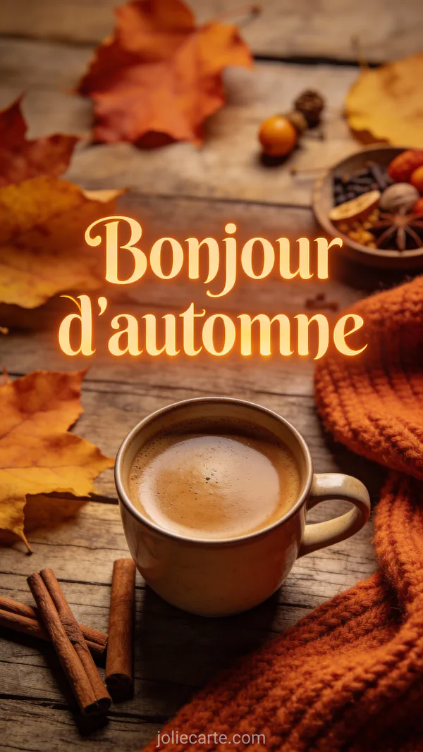 Carte bonjour avec texte Bonjour d'automne sur fond de feuilles automnales et tasse de café