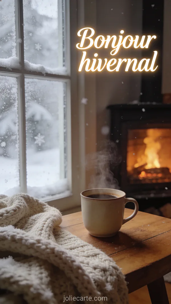 Carte bonjour avec tasse de café fumante devant une fenêtre enneigée et cheminée allumée