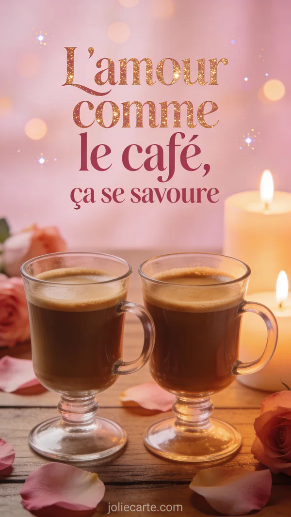 Carte citation café et amour avec deux tasses dans une ambiance romantique aux chandelles et pétales de rose