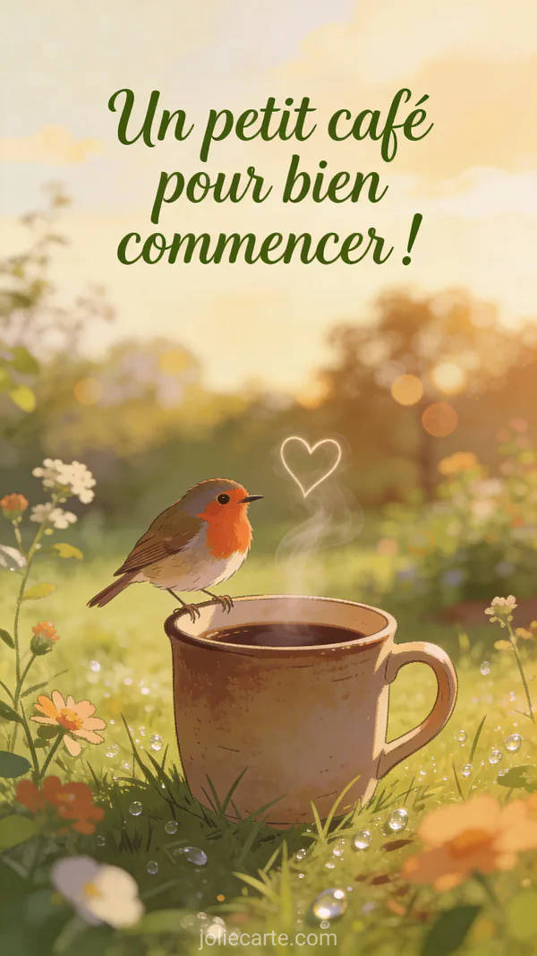 Carte bonjour avec rouge-gorge sur tasse de café dans jardin fleuri lumière dorée