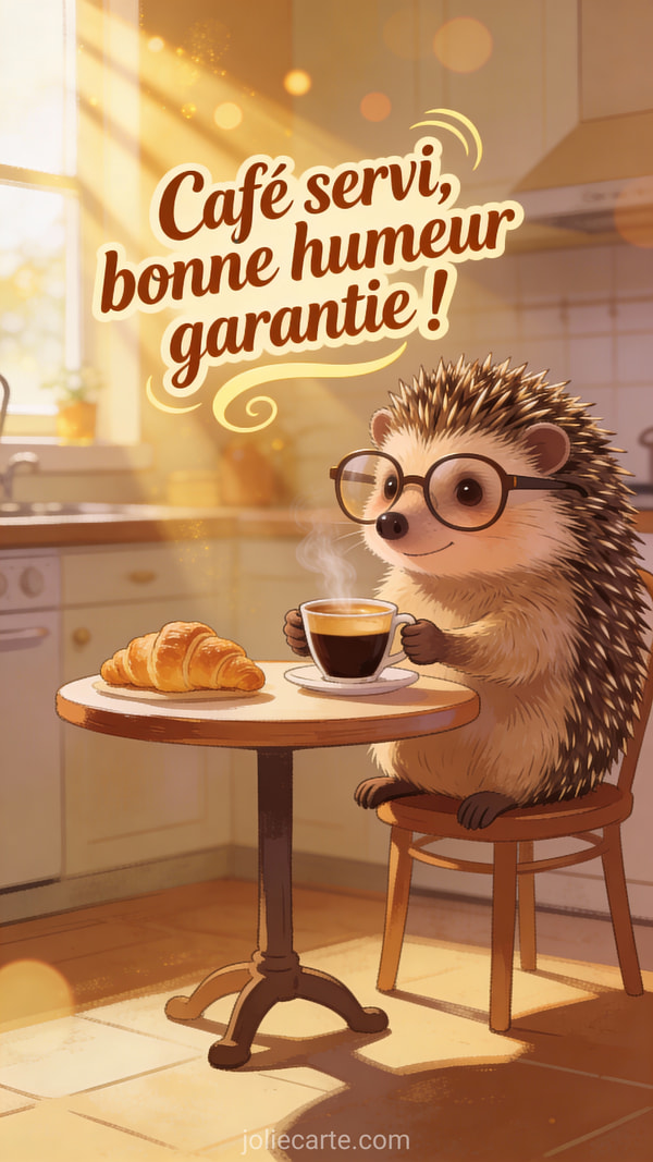 Carte humour hérisson avec lunettes tenant tasse espresso ambiance cuisine dorée