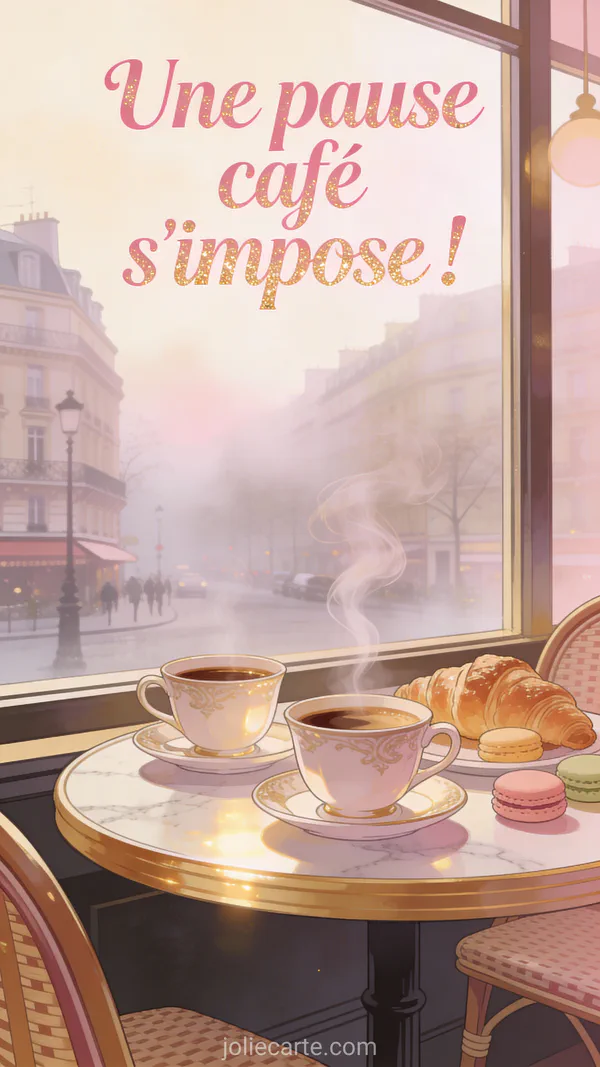 Carte pause café bistrot parisien tasses vintage croissants macarons lumière dorée