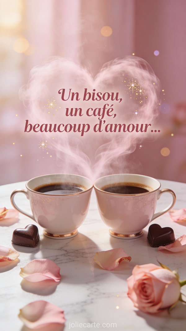 Deux tasses de café qui s'embrassent avec vapeur en forme de coeur et pétales de roses