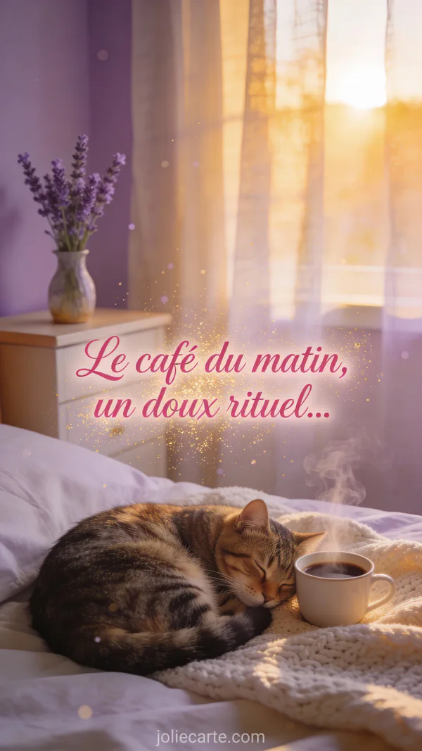 Chat tigré endormi près d'une tasse de café fumante dans une chambre ensoleillée