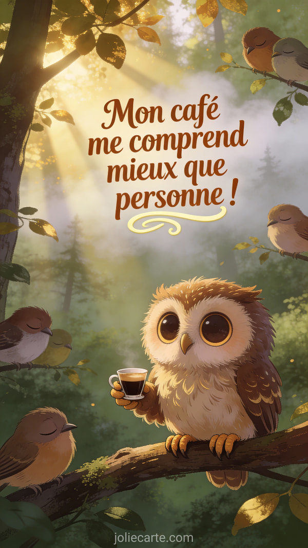 Hibou aux grands yeux tenant une tasse d'espresso dans une forêt brumeuse au lever du jour