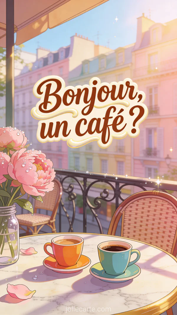 Deux tasses de café sur une terrasse parisienne ensoleillée avec des fleurs roses et une ambiance matinale chaleureuse