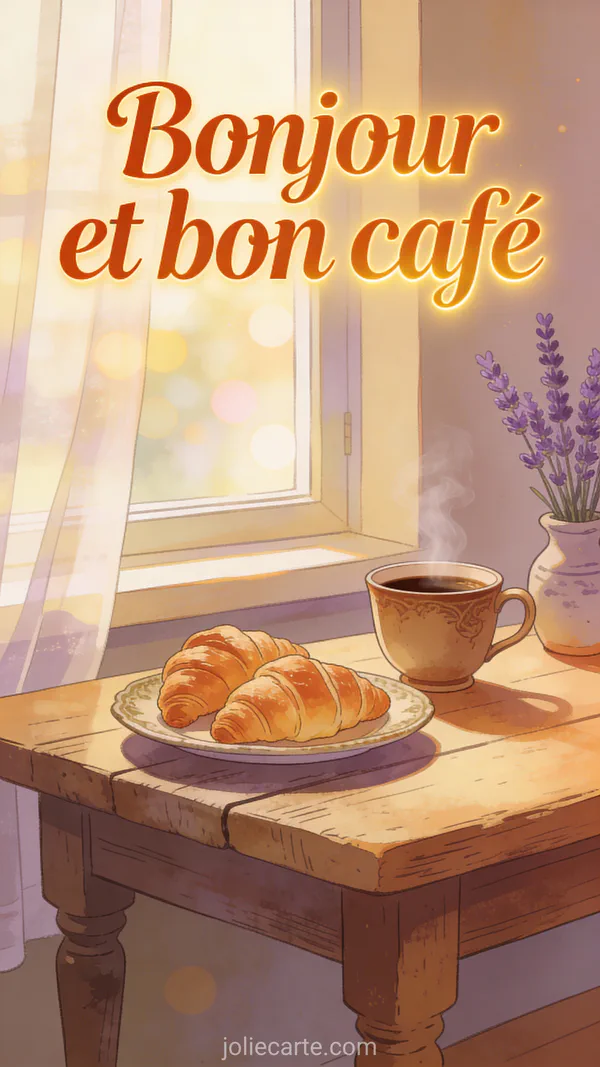 Tasse de café fumante sur une table rustique avec croissants et lavande dans la lumière matinale