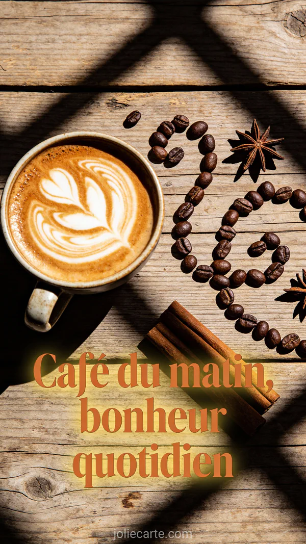 Latte art vu du dessus avec grains de café dispersés, cannelle et anis étoilé sur table en bois