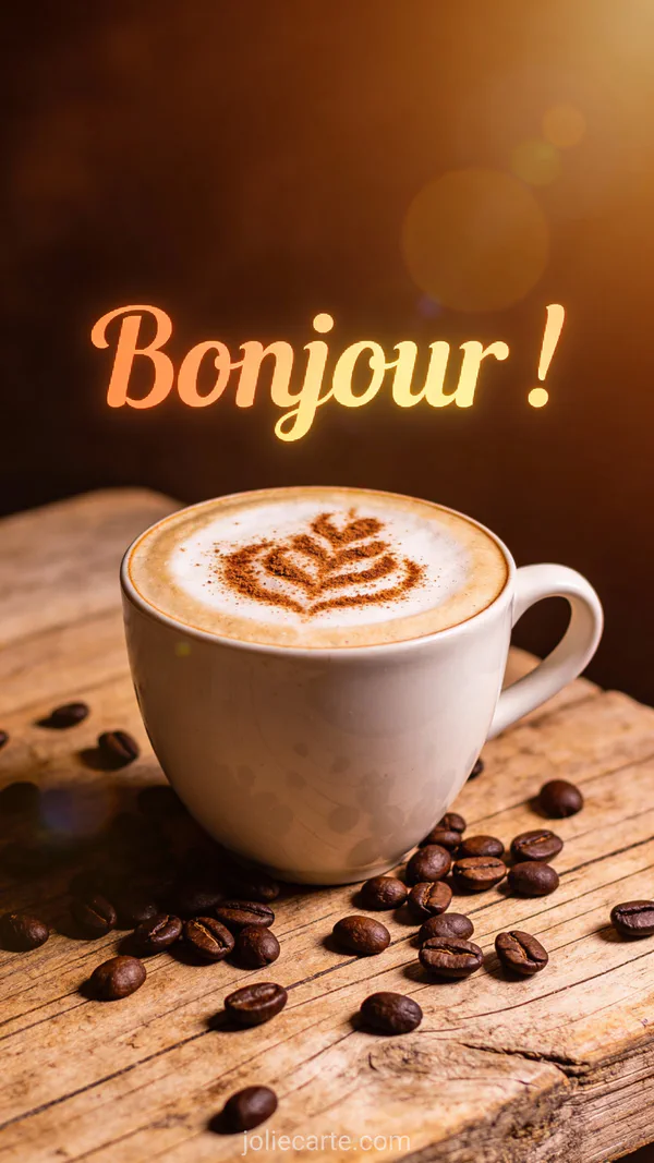 Cappuccino avec art latte sur table en bois rustique, grains de café éparpillés et lumière dorée du matin