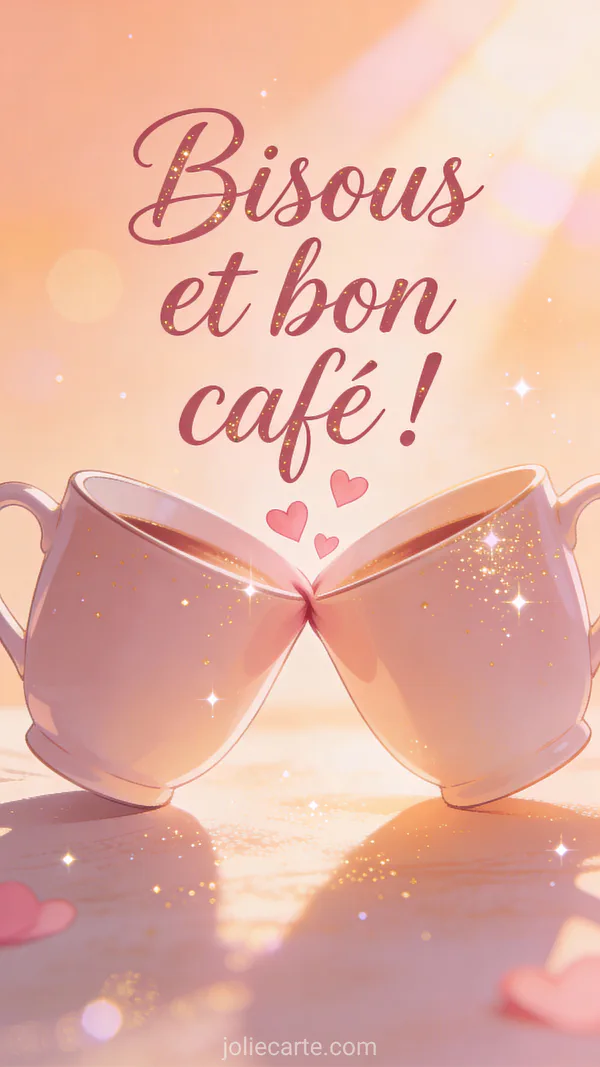 Deux tasses de café penchées l'une vers l'autre avec petits cœurs roses flottants et lumière matinale pêche