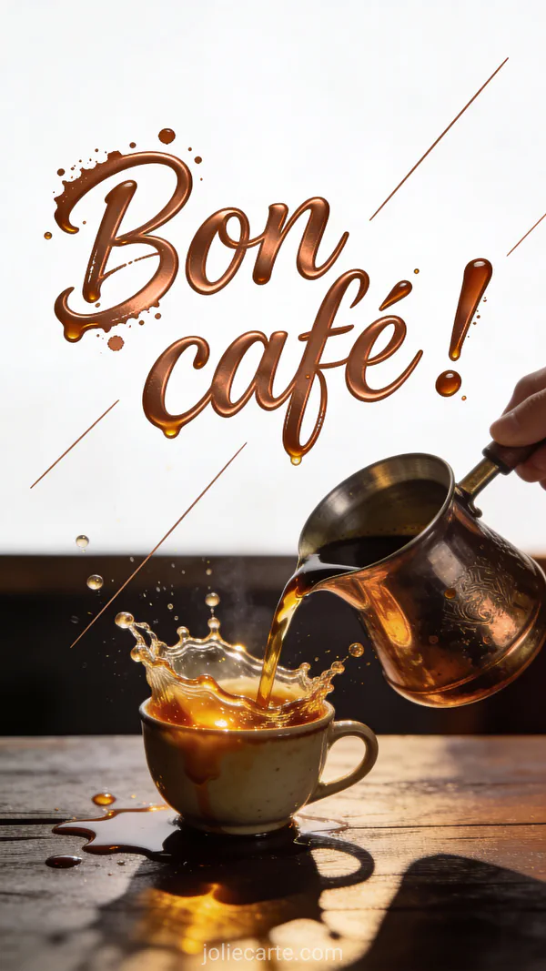 Café versé depuis une cafetière vintage créant des éclaboussures avec gouttelettes suspendues et lumière ambrée