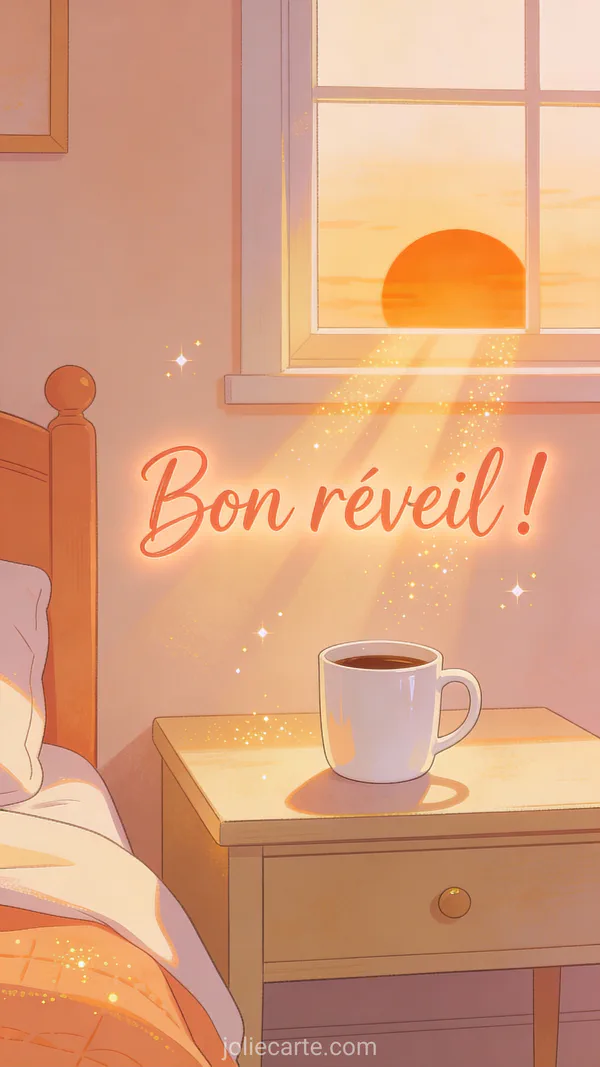 Tasse de café blanche sur table de chevet avec lever de soleil orange visible par la fenêtre de chambre