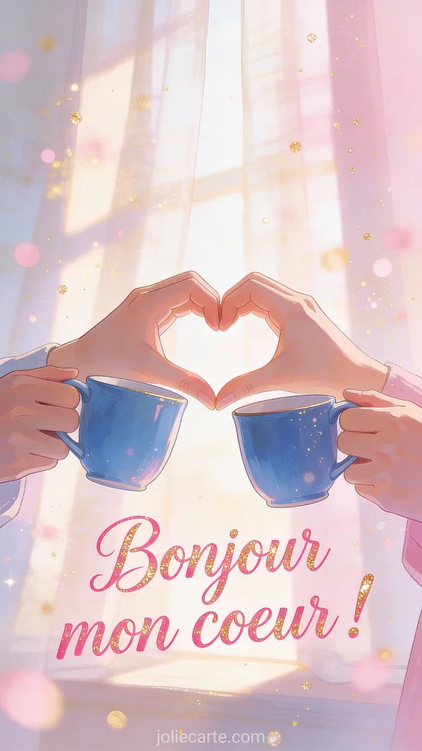 Deux mains formant cœur en tenant mugs bleus assortis avec lumière matinale et particules dorées roses