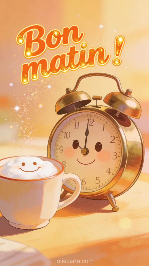 Réveil vintage souriant à côté d'une tasse avec smiley en mousse et lumière ambrée scintillante