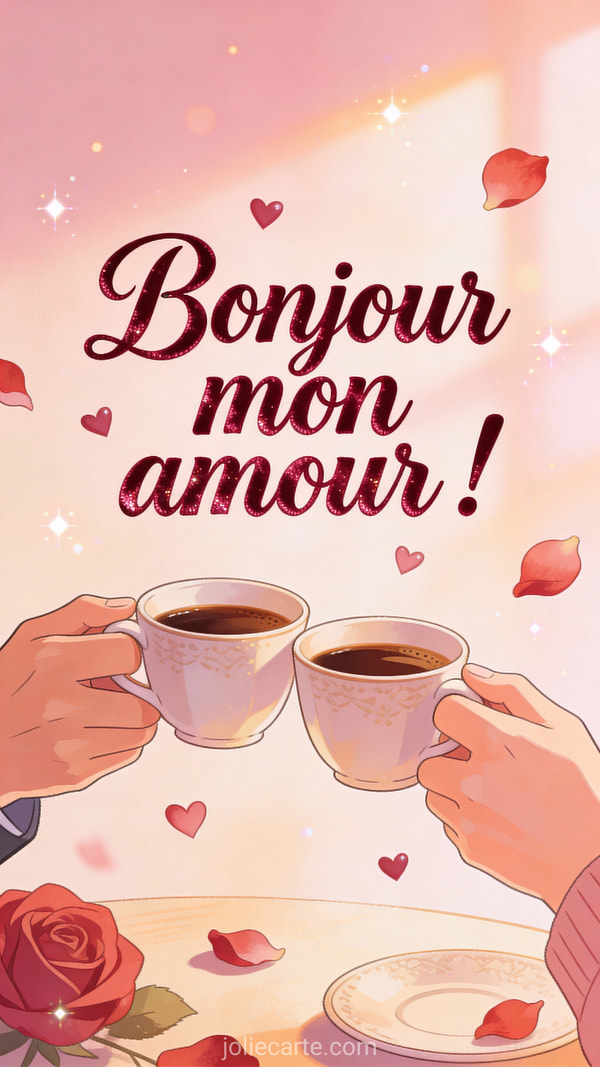 Deux mains tenant des tasses de café avec des pétales de rose et des cœurs flottants dans une lumière matinale dorée
