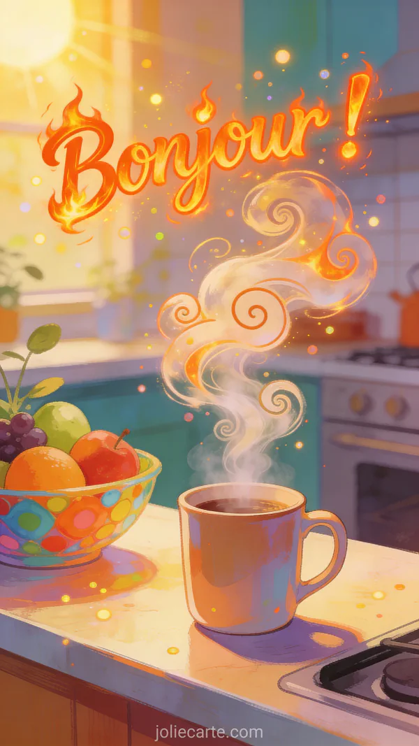 Mug de café fumant avec vapeur formant des arabesques dans une cuisine ensoleillée avec bol de fruits