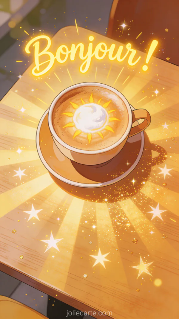 Latte avec dessin de soleil dans la mousse vu du dessus avec rayons lumineux sur la table