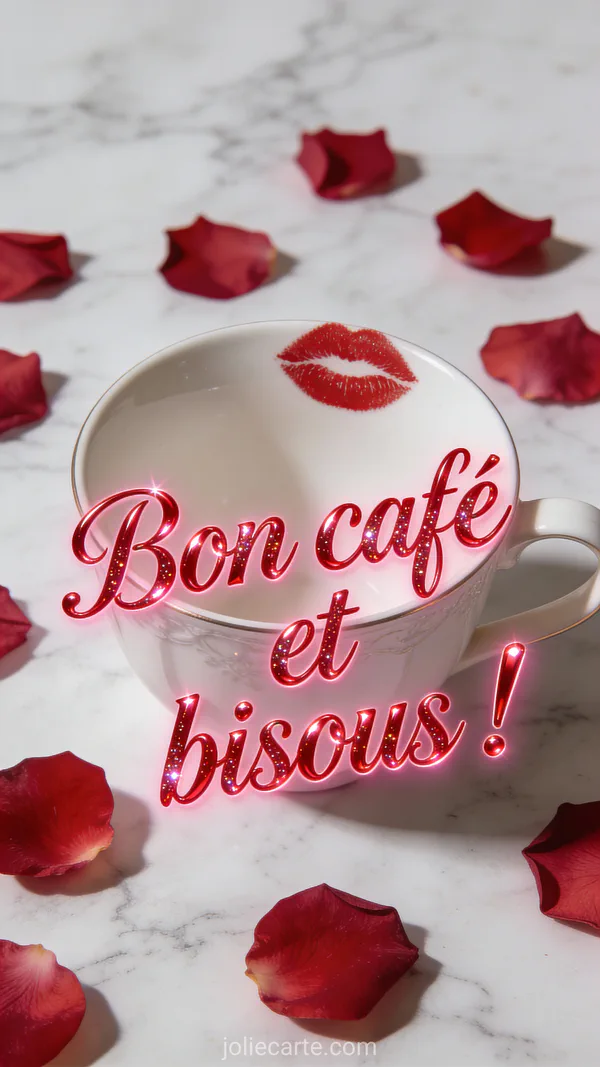 Tasse de café blanche avec marque de rouge à lèvres sur le bord et pétales de rose sur marbre
