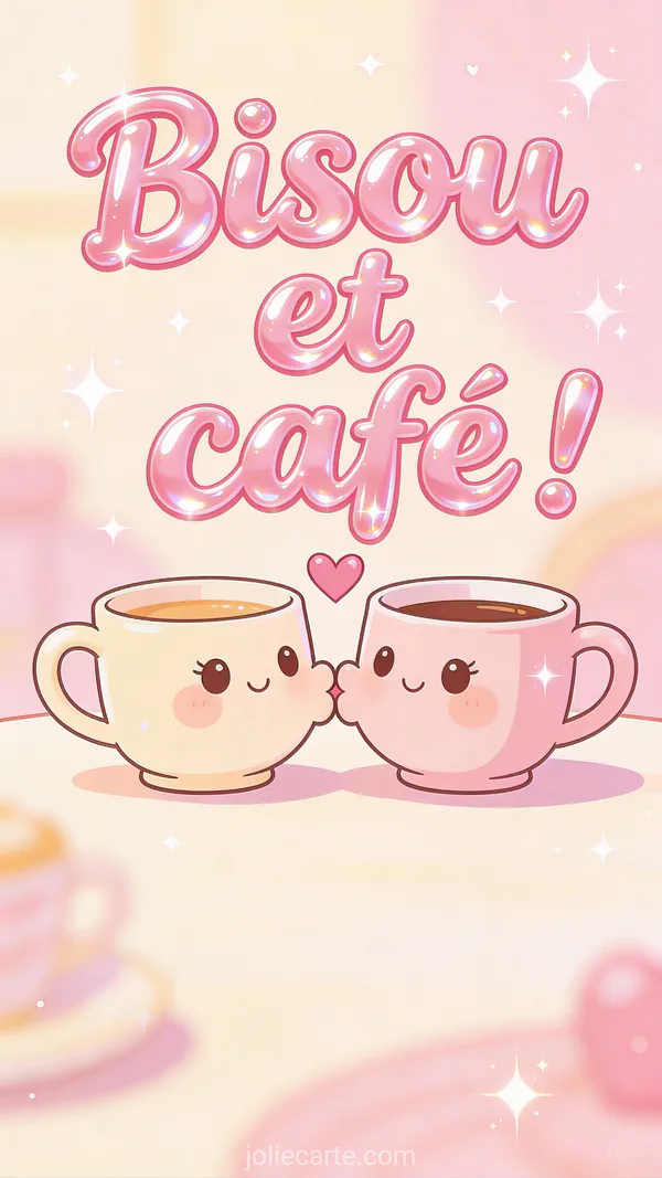 Deux mugs kawaii avec visages mignons qui s'embrassent avec petits cœurs flottants sur fond pastel