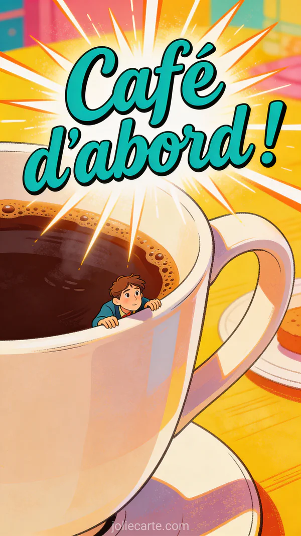 Mug de café géant avec petite personne qui regarde par-dessus le bord dans un décor coloré