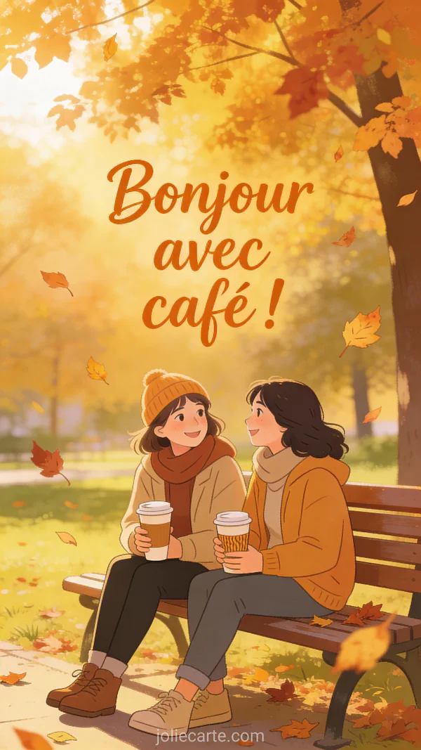 Deux amis assis sur banc de parc tenant des gobelets de café avec feuilles d'automne tombantes