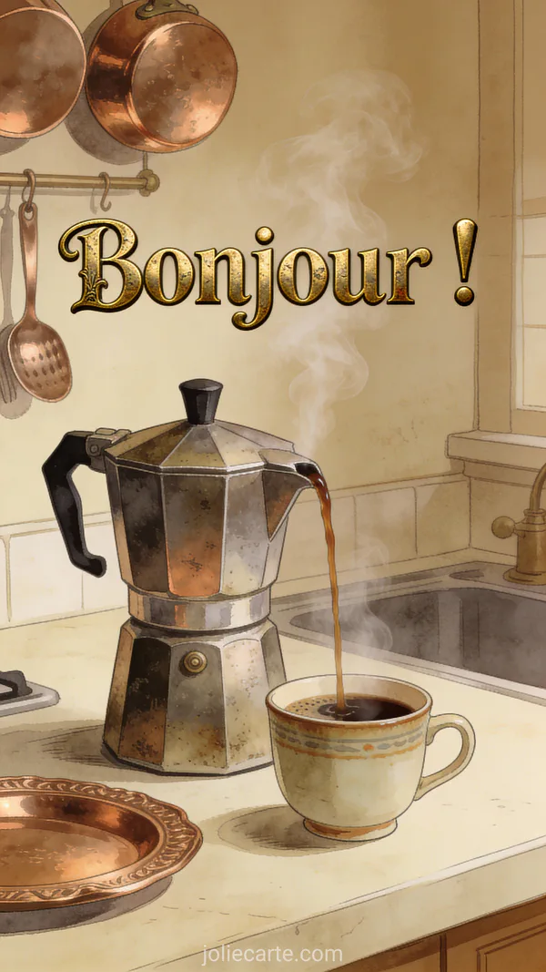 Cafetière moka italienne versant du café dans une tasse avec décor cuisine vintage et accents cuivrés