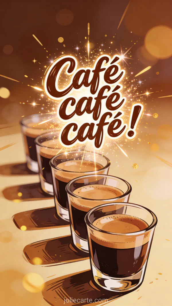 Rangée de shots d'espresso alignés comme des dominos avec lumière dorée dynamique