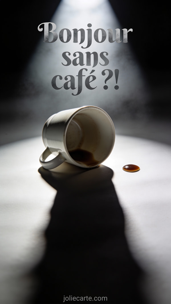 Tasse de café renversée et vide avec une goutte de café à cÎté sous éclairage dramatique