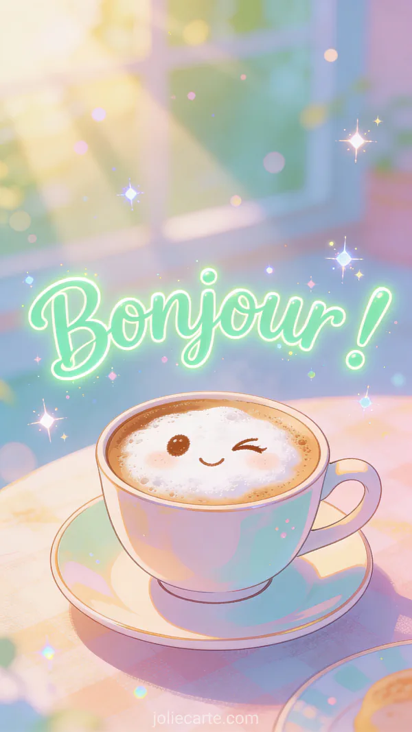 Tasse de café avec mousse formant un visage qui fait un clin d'œil sur fond pastel avec étincelles