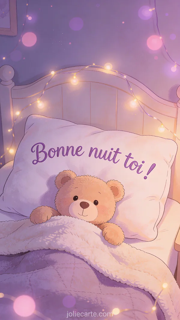 Carte bonne nuit avec un ourson en peluche sous une couverture douce, éclairé par des guirlandes lumineuses féeriques
