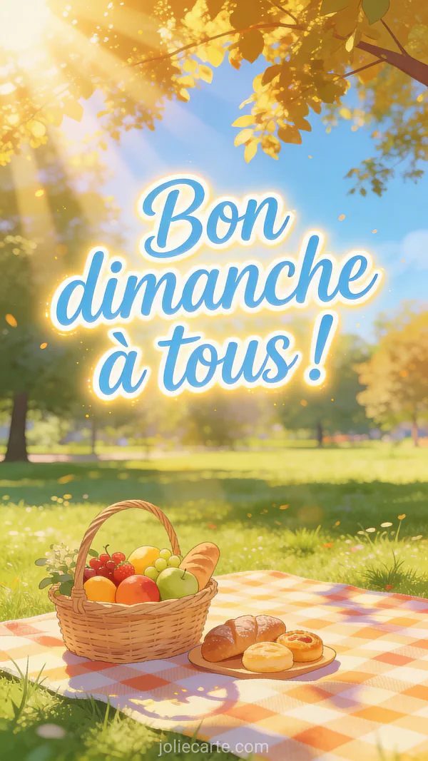 Carte bon dimanche avec scène de pique-nique ensoleillé dans un parc, nappe à carreaux, panier de fruits et pâtisseries