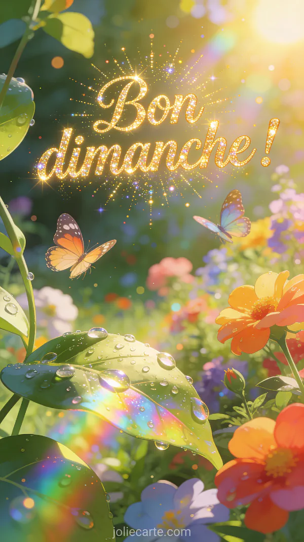 Carte bon dimanche scintillante avec papillons colorés, fleurs brillantes et gouttes de rosée arc-en-ciel