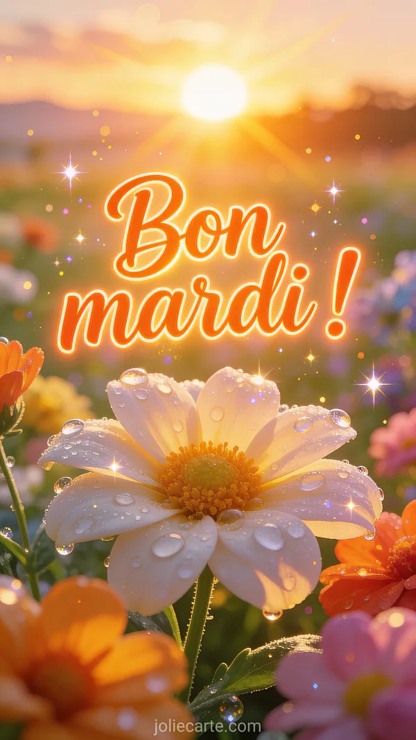 Carte bon mardi avec lever de soleil doré illuminant des fleurs couvertes de rosée matinale