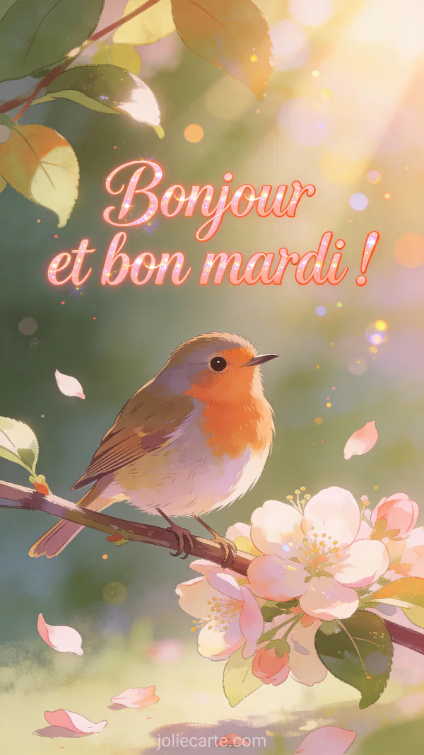 Carte bonjour mardi avec petit oiseau sur branche fleurie dans la lumière matinale