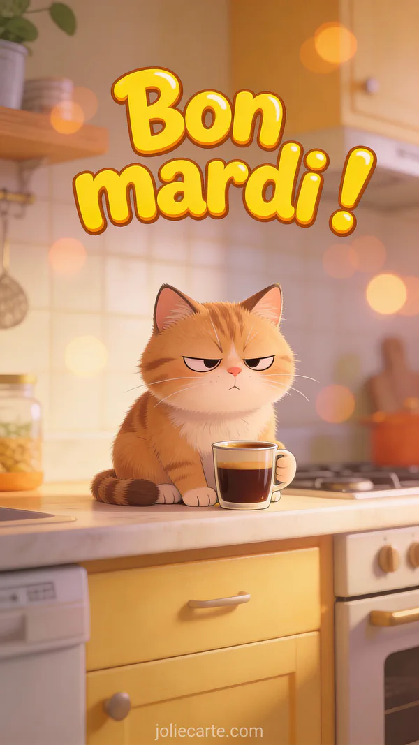 Carte bon mardi humour avec chat grognon tenant une tasse de café dans une cuisine