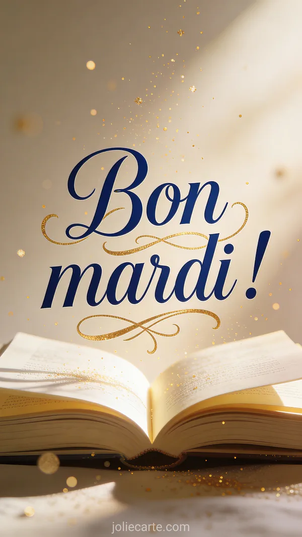 Carte bon mardi citation avec livre ouvert éclairé par une lumière dorée et particules lumineuses