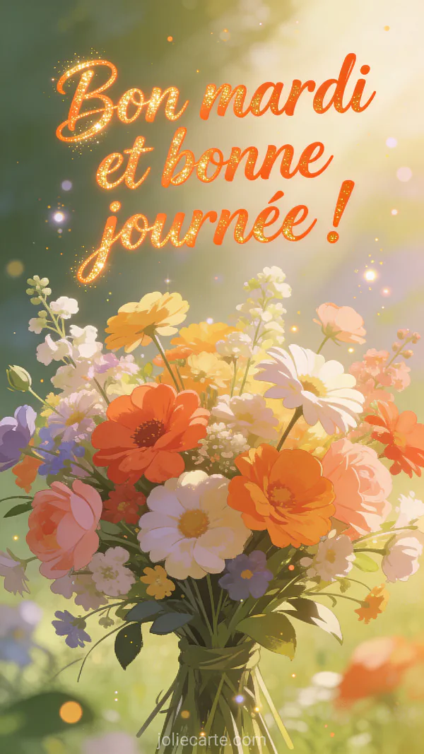 Carte bon mardi et bonne journée avec bouquet de fleurs colorées dans la lumière matinale