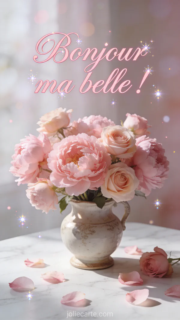 Image bonjour ma belle avec bouquet de pivoines roses et pétales délicats dans un vase vintage, lumière matinale douce