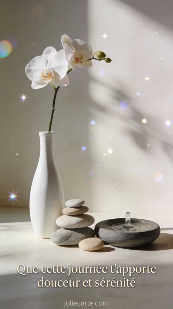 Belle phrase pour dire bonjour avec orchidée dans vase blanc, galets zen et fontaine bambou, ambiance épurée
